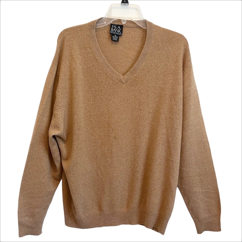 Jos A Bank Cashmere Sweater V-Neck XL Tan Brown Executive Old Money Quiet Luxury - Picture 2 of 5